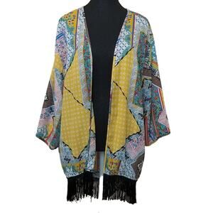 NY Collection -BOHO Hippie Peasant Fringe Open Kimono Cardigan Cover Up Size L